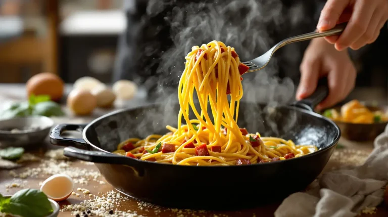 Binnen 15 minuten aan tafel: deze pittige pasta carbonara met 6 ingrediënten is altijd een succes